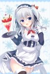  1girl alternate_costume blue_eyes enmaided garter_straps highres kantai_collection kashima_(kantai_collection) long_hair maid parfait silver_hair solo thigh-highs tomoo_(tomo) tray twintails wavy_hair 