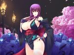  1girl armpits bare_shoulders black_gloves breasts cherry_blossoms cleavage detached_sleeves fan fingerless_gloves folding_fan gloves haganef hand_on_hip happy_birthday highres japanese_clothes kouzuki_yuuko large_breasts long_hair long_sleeves looking_at_viewer muvluv night ninja obi open_mouth petals purple_hair red_eyes revealing_clothes sash sideboob single_thighhigh solo_focus thigh-highs torch tsurime under_boob white_legwear wide_sleeves 