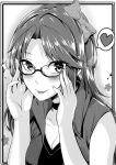  1girl :p abigail_(stardew_valley) adjusting_glasses bespectacled breasts choker cleavage glasses greyscale hair_ribbon hasaya heart looking_at_viewer monochrome ribbon smile solo spoken_heart stardew_valley tongue tongue_out 