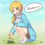  1girl :d absurdres blonde_hair dandelion ellen_baker flower green_eyes hair_ornament hair_scrunchie high_heels highres jacket long_hair new_horizon open_mouth pointing ponytail sally_(pacch0614) scrunchie signature skirt sky smile solo squatting 