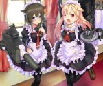  2girls black_hair blonde_hair braid em_s fang hair_ornament hairclip kantai_collection long_hair machinery maid multiple_girls one_eye_closed open_mouth red_eyes remodel_(kantai_collection) shigure_(kantai_collection) smile turret yuudachi_(kantai_collection) 