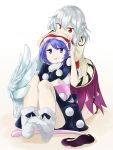  2girls blue_eyes blue_hair doremy_sweet dress hat highres jacket kishin_sagume long_sleeves looking_at_another multiple_girls nightcap pom_pom_(clothes) purple_skirt red_eyes short_hair simple_background single_wing sitting skirt smile tail touhou tyouseki white_background white_hair wings 