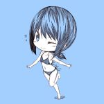  1girl alternate_costume bare_shoulders barefoot bikini blue_background chibi closed_mouth commentary_request fubuki_(kantai_collection) heart kantai_collection kouji_(campus_life) low_ponytail monochrome one_eye_closed ponytail short_hair short_ponytail side-tie_bikini sketch smile solo swimsuit 