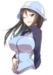  1girl breasts brown_eyes brown_hair do_(taka) hat highres impossible_clothes jacket large_breasts long_hair mika_(girls_und_panzer) one_eye_closed smile upper_body 