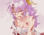  1girl bare_shoulders bow breasts bruise cleavage collarbone hair_bow heavy_breathing injury long_hair open_mouth ponytail purple_hair red_eyes sarashi six_(fnrptal1010) solo torn_clothes touhou tsurime upper_body watatsuki_no_yorihime 