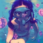 1girl bikini black_hair blue_eyes diving_mask goggles highres honzawa_yuuichirou jellyfish long_hair original snorkel solo swimsuit underwater water 