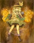  1girl boots bow flower green_eyes green_hair hat hat_bow heart heart_of_string komeiji_koishi rose shiroma_(mamiko) solo touhou yellow_rose 