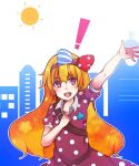 ! 1girl alternate_costume bag bangs blonde_hair bow clownpiece collared_shirt contemporary dress hair_bow looking_at_viewer open_mouth outstretched_arm polka_dot polka_dot_dress puffy_short_sleeves puffy_sleeves red_eyes shirt short_sleeves solo star striped sun teeth touhou waving 
