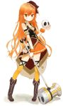  1girl black_boots boots brown_eyes brown_hat flower_knight_girl full_body halsort hammer hat highres holding kingyousou_(flower_knight_girl) knee_boots long_hair looking_at_viewer orange_hair orange_skirt skirt skull smile solo standing thigh-highs white_background wrist_cuffs yellow_legwear 
