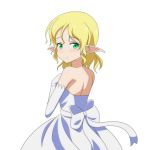  1girl bare_shoulders blonde_hair blush bride cato_(monocatienus) dress elbow_gloves gloves green_eyes looking_at_viewer looking_back mizuhashi_parsee pointy_ears sash solo strapless strapless_dress touhou wedding_dress white_dress white_gloves 