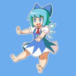  &gt;:d 1girl :d barefoot blue_eyes blue_hair blush bow cirno cravat dress eyebrows feet hair_bow hands highres ice ice_wings large_bow legs open_mouth outline outstretched_arms rokugurin short_eyebrows short_hair smile smug soles solo thick_eyebrows thick_thighs thighs toes touhou wings 