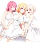  3girls arato_hisako blonde_hair bob_cut breasts closed_eyes dress happy holding_hands large_breasts long_hair multiple_girls nakiri_alice nakiri_erina open_mouth pink_hair red_eyes shokugeki_no_souma short_hair violet_eyes white_dress white_hair 