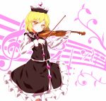  1girl black_skirt black_vest blonde_hair blush crescent hat highres instrument long_sleeves looking_at_viewer lunasa_prismriver musical_note rie-co short_hair skirt smile solo touhou vest violin violin_bow white_background yellow_eyes 