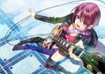  1girl aoi_fuuka boots breasts brown_hair electric_guitar fuuka guitar instrument large_breasts looking_at_viewer microphone official_art open_mouth seo_kouji short_hair smile solo standing thigh-highs thigh_boots violet_eyes 