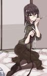  1girl black_eyes black_hair black_legwear boxcutter futon glasses hair_ornament hairclip high_heels highres long_hair original parted_lips school_uniform serafuku sitting solo touma_kisa yokozuwari 