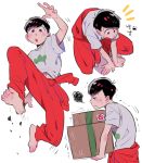  1boy bangs barefoot black_hair box cardboard_box carrying clothes_around_waist highres jumping jumpsuit male_focus matsuno_osomatsu o2_(o2mm) open_mouth osomatsu-kun osomatsu-san red_eyes shirt solo squatting swept_bangs t-shirt tied_sleeves 