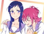  2girls aida_mana blue_eyes blue_hair dokidoki!_precure hishikawa_rikka laughing long_hair multiple_girls negom pink_hair precure school_uniform short_hair smile 