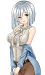  1girl alternate_costume bare_shoulders belt blue_eyes breasts cosplay ellen_baker ellen_baker_(cosplay) eyes_visible_through_hair hair_ornament hair_over_one_eye hairclip hamakaze_(kantai_collection) jacket kantai_collection large_breasts long_sleeves looking_at_viewer new_horizon one_eye_closed open_clothes open_jacket open_mouth shirt short_hair silver_hair simple_background sin_(kami148) skirt sleeveless solo v_arms white_background 