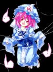  1girl :d blue_dress breasts dress ghost hat highres hitodama japanese_clothes kimono kuroshiroduet long_sleeves looking_at_viewer mob_cap obi open_mouth pink_eyes pink_hair saigyouji_yuyuko sash short_hair smile solo touhou triangular_headpiece wide_sleeves 