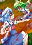  2girls ascot battle blue_hair cirno clenched_teeth cravat d: daiyousei dress dripping green_hair highres lunging multiple_girls nogiguchi open_mouth short_hair side_ponytail stained_clothes teeth tomato tomato_juice touhou 