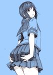  1girl blue_background commentary_request fubuki_(kantai_collection) kantai_collection kouji_(campus_life) monochrome open_mouth pleated_skirt ponytail school_uniform serafuku short_hair short_ponytail short_sleeves sketch skirt solo 