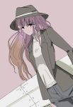  1girl brown_hair contemporary denim eyebrows eyebrows_visible_through_hair fedora gradient_hair hat hijiri_byakuren jacket jeans multicolored_hair oshouyu_tabetai pants purple_hair smile solo sweater touhou two-tone_hair violet_eyes 