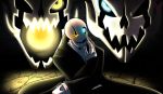  1boy blue_eyes coat epic gasterblaster glowing glowing_eye glowing_eyes melodyscotch monster no_escape no_humans open_mouth skeleton smile solo undertale w.d._gaster yellow_eyes 