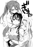  3girls blush flying_sweatdrops hair_ribbon hakama_skirt headband hug hug_from_behind japanese_clothes kaga_(kantai_collection) kantai_collection long_hair monochrome multiple_girls myama ribbon shoukaku_(kantai_collection) side_ponytail sweatdrop twintails zuikaku_(kantai_collection) 