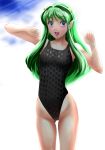  1girl absurdres blue_eyes competition_swimsuit green_hair highleg highleg_swimsuit highres horns long_hair lum nanao_futaba one-piece_swimsuit open_mouth pointy_ears swimsuit urusei_yatsura 