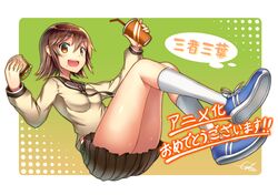  1girl brown_eyes brown_hair cup drink drinking_straw food gia hamburger odagiri_futaba sansha_sanyou school_uniform serafuku short_hair skirt solo translated 