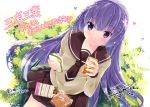  1girl food juice_box long_hair nishikawa_youko purple_hair sandwich sansha_sanyou school_uniform solo suihi translated violet_eyes 