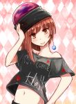  1girl bare_shoulders chain clothes_writing collar earrings earth_(ornament) hand_on_hip hat hecatia_lapislazuli highres jewelry long_hair polos_crown poyosuke red_eyes redhead shirt skirt smile solo t-shirt touhou 