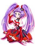  1girl black_hat bow cure_magical detached_sleeves earrings frilled_skirt frills full_body hair_bow hat highres izayoi_liko jewelry long_hair looking_at_viewer magical_girl mahou_girls_precure! mini_hat mini_witch_hat nii_manabu precure purple_hair red_bow red_legwear red_shoes red_skirt ruby_style shoes sitting skirt smile solo star star_earrings striped striped_bow thigh-highs twintails violet_eyes wariza white_background witch_hat 