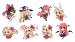  &gt;:d 4girls :d :o ;d ^_^ absurdres balloon bat_wings black_legwear blonde_hair blush bow braid broom broom_riding brown_hair chibi closed_eyes clover collared_shirt detached_sleeves dress_shirt flandre_scarlet four-leaf_clover full_body hair_between_eyes hair_bow hair_tubes hakurei_reimu hat hat_bow hat_ribbon hat_with_ears head_wings heart_balloon highres holding kirisame_marisa koakuma large_bow long_hair looking_at_viewer looking_back mini-hakkero mob_cap multiple_girls necktie no_wings nontraditional_miko one_eye_closed open_mouth partially_colored red_eyes red_necktie redhead ribbon seiza shirt shoes side_braid side_ponytail simple_background single_braid sitting skirt skirt_set smile star stuffed_animal stuffed_bunny stuffed_toy touhou v v_arms white_background white_shirt wide_sleeves wings witch_hat yada_(xxxadaman) 