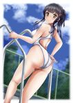  1girl ass black_hair blush competition_swimsuit highleg highres long_hair looking_back mashinatsu one-piece_swimsuit original ponytail solo swimsuit 