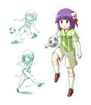  1girl ball flower hair_flower hair_ornament hieda_no_akyuu kousei_(public_planet) one_eye_closed open_mouth purple_hair shirt short_sleeves shorts soccer_ball soccer_uniform solo sportswear touhou violet_eyes 