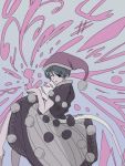  1girl blob blue_eyes blue_hair book doremy_sweet dress hat holding looking_at_viewer nightcap one_eye_closed open_mouth oshouyu_tabetai pink pom_pom_(clothes) short_hair short_sleeves smile solo tail touhou 