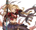 1girl armor belt bikini_armor blonde_hair blue_eyes breasts cleavage cleavage_cutout granblue_fantasy hair_intakes hairband long_hair open_mouth polearm simple_background skirt smile solo spear taroji twintails weapon white_background zeta_(granblue_fantasy) 