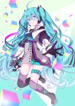  1girl aqua_eyes aqua_hair belt black_gloves boots buttons dress gloves hair_between_eyes hatsune_miku headset holding_microphone knee_boots long_hair long_sleeves looking_at_viewer necktie smile solo thigh_strap twintails very_long_hair vocaloid wogura 