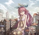  bare_shoulders blush_stickers building castle clouds frown giantess granblue_fantasy half-timbered long_hair navel outdoors red_eyes redhead seiza sitting sky solo_focus yggdrasill_(granblue_fantasy) yilx 