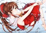  1girl air_bubble bare_legs bare_shoulders barefoot blush bow brown_eyes brown_hair bubble commentary_request gohei hair_bow hair_tubes hakurei_reimu japanese_clothes kagami_com long_hair miko solo submerged touhou underwater water 