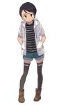  1girl black_hair black_legwear blush boots brown_eyes deepa_mitra denchuubou full_body hands_in_pocket highres hood hoodie looking_at_viewer new_horizon shirt short_hair shorts simple_background smile solo striped striped_shirt thigh-highs white_background 