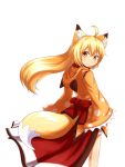  1girl animal_ears blonde_hair fox_ears fox_tail from_behind highres korai long_hair looking_at_viewer looking_back original simple_background smile solo tail white_background 