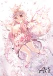  1girl aile_(crossroads) artist_name bad_anatomy bad_hands bangle barefoot bracelet branch bubble cherry_soda floral_print flower full_body hair_ornament jewelry long_hair looking_at_viewer midriff original personification pink_eyes pinky_out see-through silk white_hair 