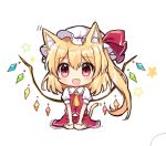  1girl :d animal_ears ascot blonde_hair blush cat_ears cat_tail fang flandre_scarlet hair_between_eyes hat hat_ribbon looking_at_viewer mob_cap open_mouth puffy_short_sleeves puffy_sleeves red_eyes ribbon short_sleeves side_ponytail simple_background sitting smile solo star tail touhou wariza white_background wings yada_(xxxadaman) 