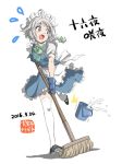  1girl 2016 ahoge apron blue_eyes blush bow braid bucket dated flying_sweatdrops full_body gloves green_bow hair_ribbon inuno_rakugaki izayoi_sakuya maid maid_headdress mary_janes mop open_mouth puffy_short_sleeves puffy_sleeves ribbon shoes short_sleeves silver_hair simple_background solo surprised sweat thigh-highs touhou translation_request tress_ribbon tripping twin_braids waist_apron white_background white_legwear 