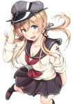  1girl :d alternate_costume blonde_hair blush breasts cleavage commentary_request green_eyes hair_ornament hat holding holding_hat ichikawa_feesu kantai_collection kneehighs long_hair neckerchief open_mouth pleated_skirt prinz_eugen_(kantai_collection) school_uniform serafuku shoes skirt smile solo white_background 