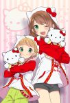  2boys animal_hood blush brown_hair cat_hood green_eyes hello_kitty highres himeno_kanon hood idolmaster idolmaster_side-m male_focus mizushima_saki multiple_boys otoko_no_ko rice_(rice8p) sanrio twintails 