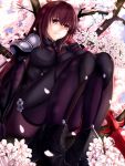  1girl bodysuit cherry_blossoms fate/grand_order fate_(series) highres long_hair purple_hair red_eyes scathach_(fate/grand_order) solo thigh-highs weapon xyomouse 