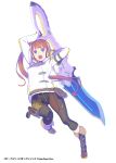  1girl black_gloves blue_eyes boots brown_hair gloves headphones holding holding_sword holding_weapon long_hair looking_at_viewer million_chain nagisa_kurousagi official_art open_mouth side_ponytail simple_background solo sword teeth tongue weapon white_background 